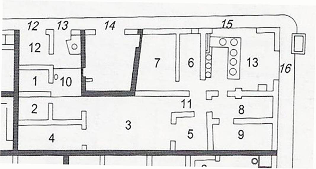 Herculaneum IV.12-13; 15-16, plan of house and linked areas.
According to Pesando and Guidobaldi, entrances at 12 and 13 serve the house living quarters.
1 and 2 are two living rooms, on west side of fauces 10, with two well-heads.
Atrium 3 has an impluvium in centre.
Cubiculum 4 opens onto atrium.
Small triclinium 5, in which was conserved the central emblema in opus sectile.
Corridor 11, from this corridor the living quarters connect with the bar room and connected rooms, in room 13, served by entrances at 15 and 16 was the grand counter room with evidence of traces of a latrine in the south-east corner.
The rear rooms 6 and 7 on west side of shop-room, and a large room on the south side, subdivided by a rough screen into the actual rooms 8 and 9, all were rooms for the clients to sit and eat.
On the wall of the screen in room 6 is a graffito....... (page 337)
See Pesando, F. and Guidobaldi, M.P. (2006). Pompei, Oplontis, Ercolano, Stabiae. Editori Laterza, (p.336-7)